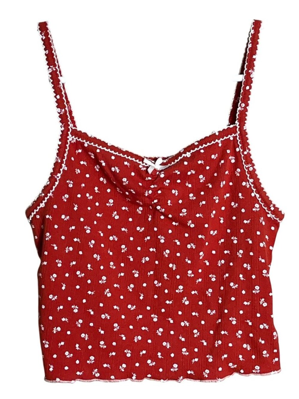 Red Crop Pointelle Tank Dainty Floral Cottage Cami Coquette Soft Girl Layer Wm S
